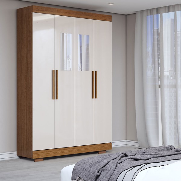 Guarda-Roupa Solteiro Splendore 4 Portas 2 Gavetas com Espelho 100% Mdf com Pé Cinamomo/Off White - Panorama Móveis