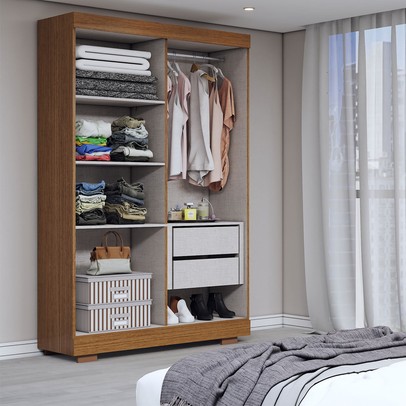 Guarda-Roupa Solteiro Splendore 4 Portas 2 Gavetas com Espelho 100% Mdf com Pé Cinamomo/Off White - Panorama Móveis