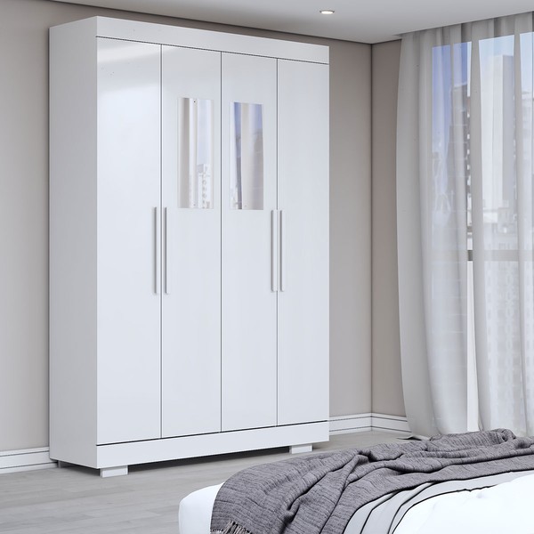 Guarda-Roupa Solteiro Splendore 4 Portas 2 Gavetas com Espelho 100% Mdf com Pé Branco - Panorama Móveis