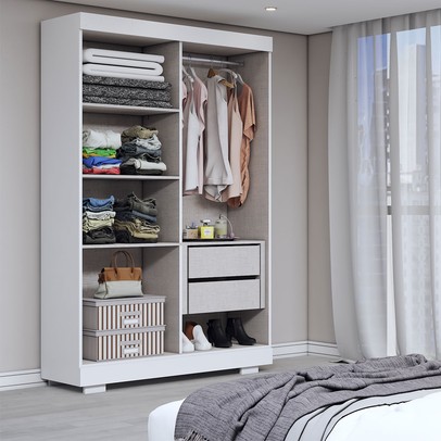 Guarda-Roupa Solteiro Splendore 4 Portas 2 Gavetas com Espelho 100% Mdf com Pé Branco - Panorama Móveis