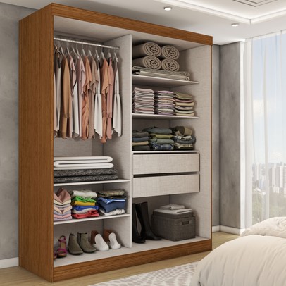 Guarda-Roupa Casal Real 2 Portas 2 Gavetas com Espelho 100% Mdf Flex Cinamomo/Off White - Panorama Móveis