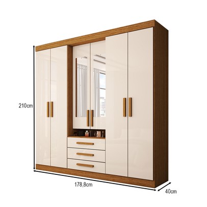 Guarda-Roupa Casal Real 6 Portas 3 Gavetas com Espelho 100% Mdf Cinamomo/Off White - Panorama Móveis