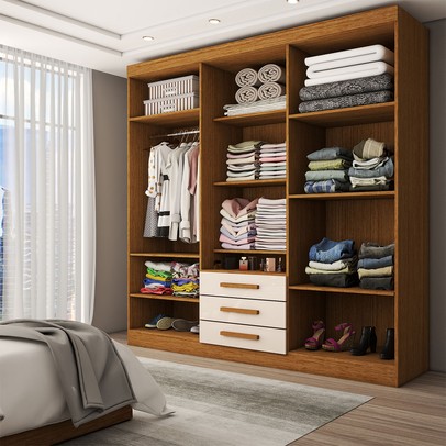 Guarda-Roupa Casal Real 6 Portas 3 Gavetas com Espelho 100% Mdf Cinamomo/Off White - Panorama Móveis
