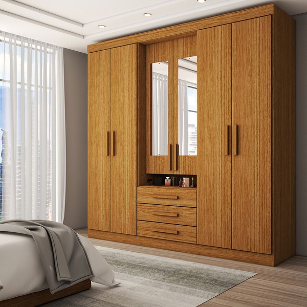 Guarda-Roupa Casal Real 6 Portas 3 Gavetas com Espelho 100% Mdf Cinamomo - Panorama Móveis