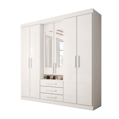 Guarda-Roupa Casal Real 6 Portas 3 Gavetas com Espelho 100% Mdf Branco - Panorama Móveis