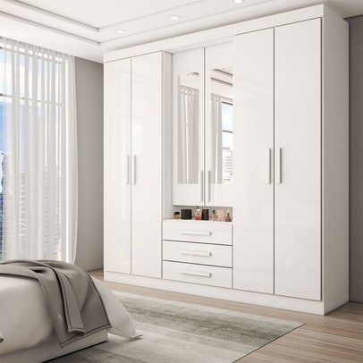 Guarda-Roupa Casal Real 6 Portas 3 Gavetas com Espelho 100% Mdf Branco - Panorama Móveis