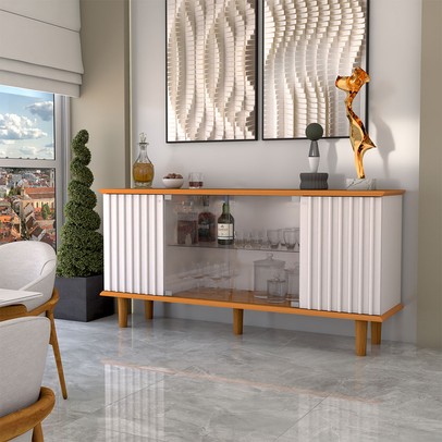 Balcão Buffet Alcázar 4 Portas com Vidro Ripado Cinamomo/Off White - Panorama Móveis