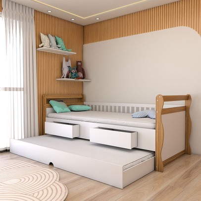 Cama Infantil Bicama Tesouro 2 Gavetas 100% Mdf Branco Brilho/Amêndoa - Panorama Móveis