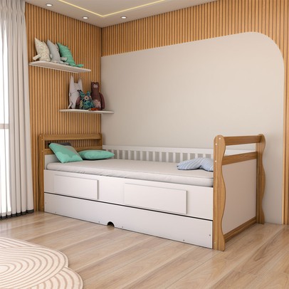Cama Infantil Bicama Tesouro 2 Gavetas 100% Mdf Branco Brilho/Amêndoa - Panorama Móveis