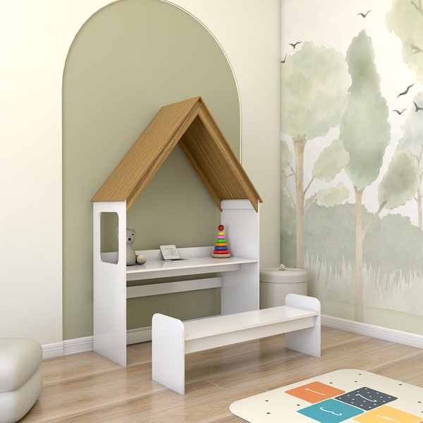 Mesa Infantil Casinha Montessoriana com Banco 100% Mdf Branco Brilho/Amêndoa - Panorama Móveis