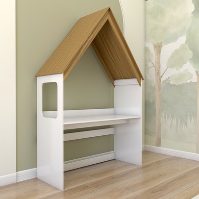 Mesa Infantil Casinha Montessoriana com Banco 100% Mdf Branco Brilho/Amêndoa - Panorama Móveis