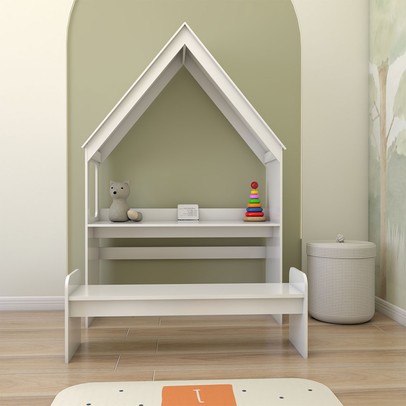Mesa Infantil Casinha Montessoriana com Banco 100% Mdf Branco Brilho - Panorama Móveis