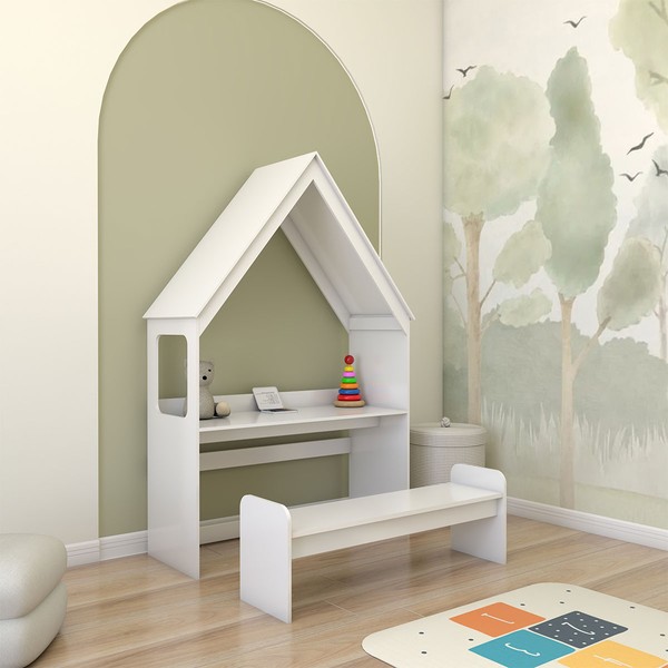 Mesa Infantil Casinha Montessoriana com Banco 100% Mdf Branco Brilho - Panorama Móveis