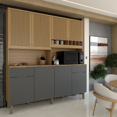 Cozinha Compacta Castilla 8 Portas 2 Gavetas 100% Mdf Amêndoa/Chumbo - Panorama Móveis