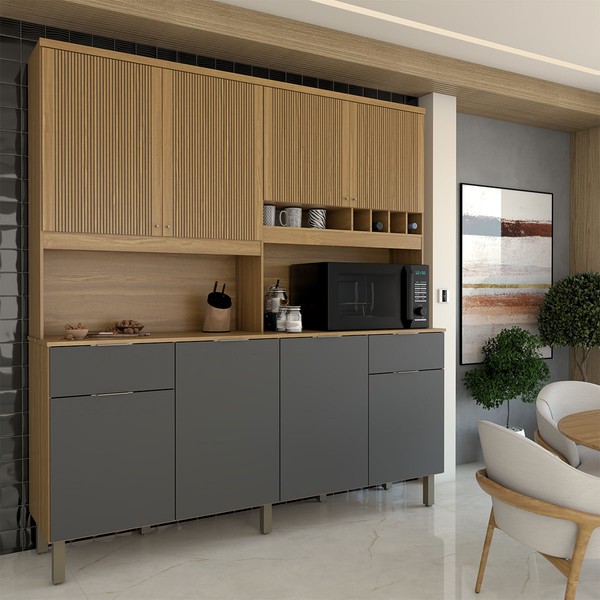 Cozinha Compacta Castilla 8 Portas 2 Gavetas 100% Mdf Amêndoa/Chumbo - Panorama Móveis