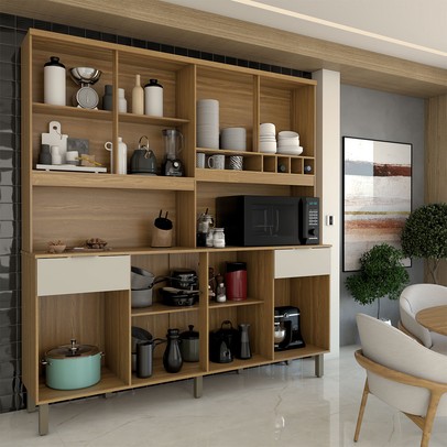 Cozinha Compacta Castilla 8 Portas 2 Gavetas 100% Mdf Amêndoa/Off White - Panorama Móveis