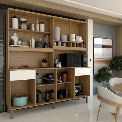 Cozinha Compacta Castilla 8 Portas 2 Gavetas 100% Mdf Amêndoa/Branco - Panorama Móveis