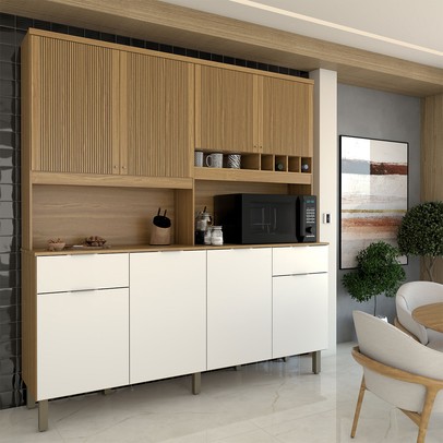 Cozinha Compacta Castilla 8 Portas 2 Gavetas 100% Mdf Amêndoa/Branco - Panorama Móveis