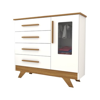 Cômoda Infantil Encanto 1 Porta 4 Gavetas 100% Mdf Branco Brilho/Amêndoa - Panorama Móveis