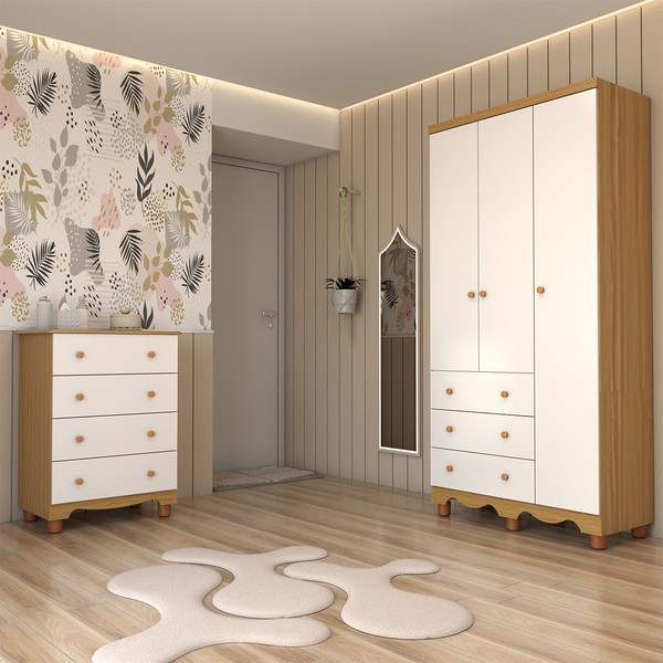 Quarto de Bebê Completo Sueño 3 Portas 7 Gavetas 100% Mdf Branco Brilho/Amêndoa - Panorama Móveis