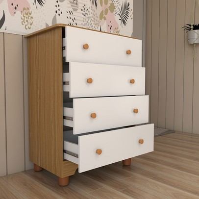 Quarto de Bebê Completo Sueño 3 Portas 7 Gavetas 100% Mdf Branco Brilho/Amêndoa - Panorama Móveis