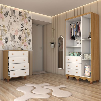 Quarto de Bebê Completo Sueño 3 Portas 7 Gavetas 100% Mdf Branco Brilho/Amêndoa - Panorama Móveis