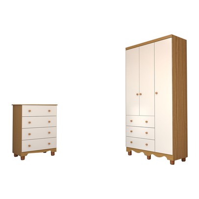 Quarto de Bebê Completo Sueño 3 Portas 7 Gavetas 100% Mdf Branco Brilho/Amêndoa - Panorama Móveis