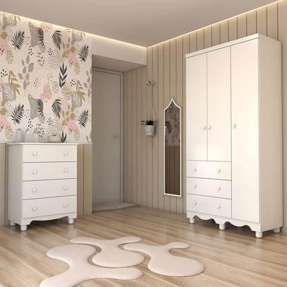 Quarto de Bebê Completo Sueño 3 Portas 7 Gavetas 100% Mdf Branco Brilho - Panorama Móveis