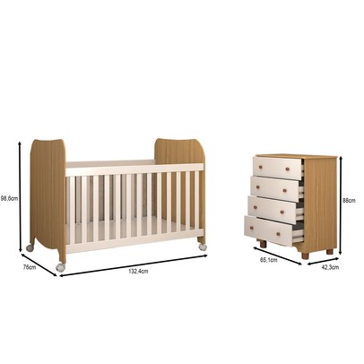 Quarto de Bebê Completo Sueño Cômoda 4 Gavetas 100% Mdf Branco Brilho/Amêndoa - Panorama Móveis