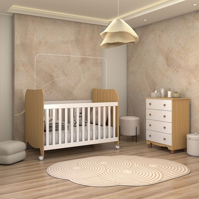 Quarto de Bebê Completo Sueño Cômoda 4 Gavetas 100% Mdf Branco Brilho/Amêndoa - Panorama Móveis