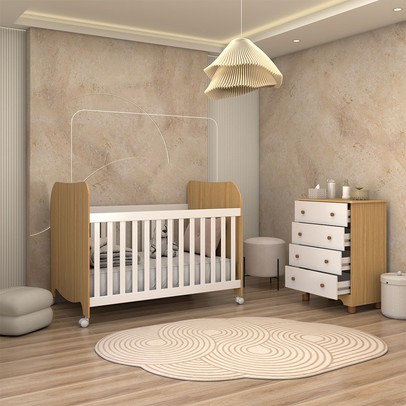 Quarto de Bebê Completo Sueño Cômoda 4 Gavetas 100% Mdf Branco Brilho/Amêndoa - Panorama Móveis