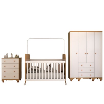 Quarto de Bebê Completo Sueño 4 Portas 7 Gavetas 100% Mdf Branco Brilho/Amêndoa - Panorama Móveis