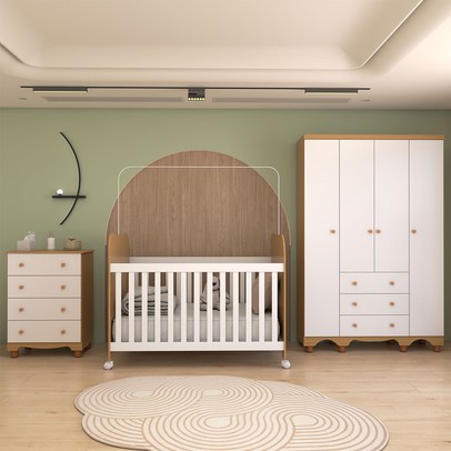 Quarto de Bebê Completo Sueño 4 Portas 7 Gavetas 100% Mdf Branco Brilho/Amêndoa - Panorama Móveis