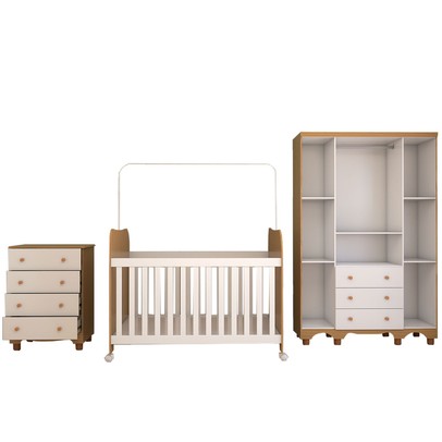 Quarto de Bebê Completo Sueño 4 Portas 7 Gavetas 100% Mdf Branco Brilho/Amêndoa - Panorama Móveis