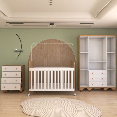 Quarto de Bebê Completo Sueño 4 Portas 7 Gavetas 100% Mdf Branco Brilho/Amêndoa - Panorama Móveis