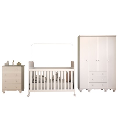 Quarto de Bebê Completo Sueño 4 Portas 7 Gavetas 100% Mdf Branco Brilho - Panorama Móveis