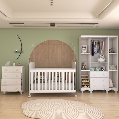 Quarto de Bebê Completo Sueño 4 Portas 7 Gavetas 100% Mdf Branco Brilho - Panorama Móveis