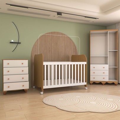 Quarto de Bebê Completo Sueño 3 Portas 7 Gavetas 100% Mdf Branco Brilho/Amêndoa - Panorama Móveis