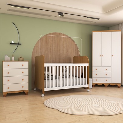 Quarto de Bebê Completo Sueño 3 Portas 7 Gavetas 100% Mdf Branco Brilho/Amêndoa - Panorama Móveis