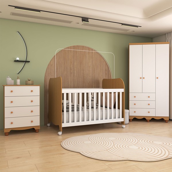 Quarto de Bebê Completo Sueño 3 Portas 7 Gavetas 100% Mdf Branco Brilho/Amêndoa - Panorama Móveis