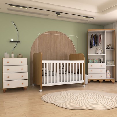 Quarto de Bebê Completo Sueño 3 Portas 7 Gavetas 100% Mdf Branco Brilho/Amêndoa - Panorama Móveis