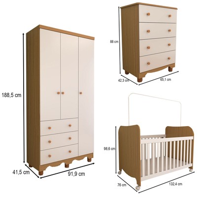 Quarto de Bebê Completo Sueño 3 Portas 7 Gavetas 100% Mdf Branco Brilho/Amêndoa - Panorama Móveis