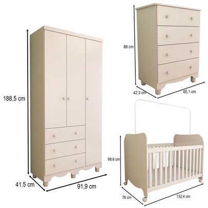 Quarto de Bebê Completo Sueño 3 Portas 7 Gavetas 100% Mdf Branco Brilho - Panorama Móveis