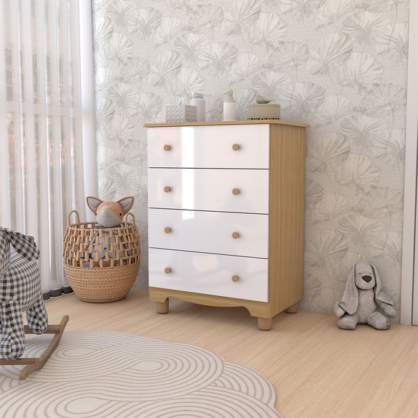 Cômoda Infantil Sueño 4 Gavetas 100% Mdf Branco Brilho/Amêndoa - Panorama Móveis