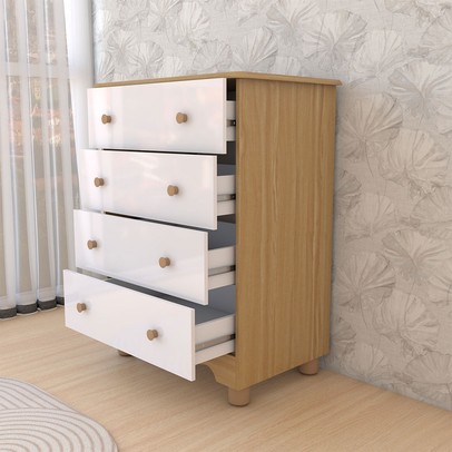 Cômoda Infantil Sueño 4 Gavetas 100% Mdf Branco Brilho/Amêndoa - Panorama Móveis