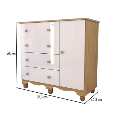 Cômoda Infantil Sueño 1 Porta 4 Gavetas 100% Mdf Branco Brilho/Amêndoa - Panorama Móveis