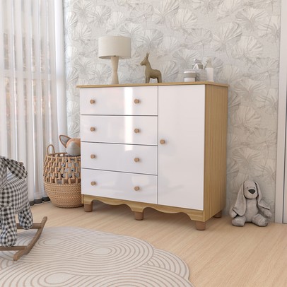 Cômoda Infantil Sueño 1 Porta 4 Gavetas 100% Mdf Branco Brilho/Amêndoa - Panorama Móveis