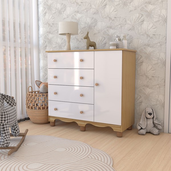Cômoda Infantil Sueño 1 Porta 4 Gavetas 100% Mdf Branco Brilho/Amêndoa - Panorama Móveis