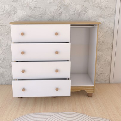 Cômoda Infantil Sueño 1 Porta 4 Gavetas 100% Mdf Branco Brilho/Amêndoa - Panorama Móveis