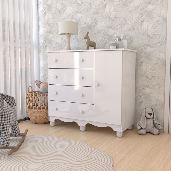 Cômoda Infantil Sueño 1 Porta 4 Gavetas 100% Mdf Branco Brilho - Panorama Móveis